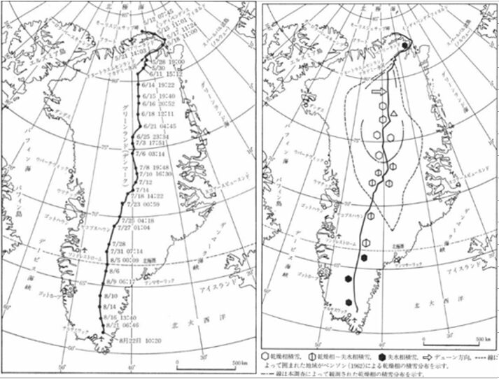 図2 (左) グリーンランド氷床における調査行程図;(右) グリーンランド氷床上の積雪の分布状態で、点線(‐---)によって囲まれた地域がベンソン(1962)による乾燥相の積雪分布、鎖線(--一)は植村(1978)によって観測された乾燥相の積雪の分布範囲を示す。△は雪結晶観測地点で、図3左の三角印1に相当する。