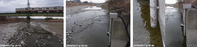 写真7 (左)東京都日野市の中央線の鉄橋付近の浅川の光景;(中)中央線の鉄橋下流の水位計付近の浅川:(右)水位計の水位測定部分よりも水面が低下している状況。