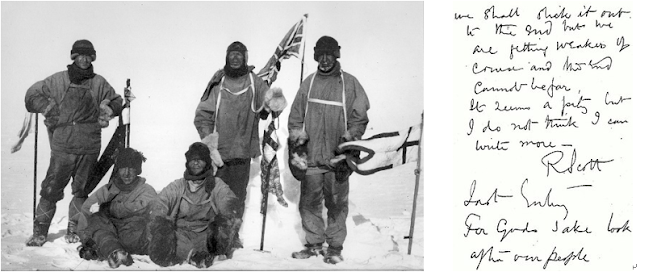 写真4 (左)は南極点に到達したイギリス隊員;左から右へ Edward Adrian Wilson, Henry Robertson Bowers, Edgar Evans, Robert Falcon Scott, Lawrence Oatesさんたちと(右)はスコットさんの最後の日記。